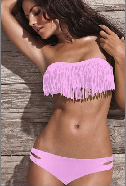 F4167-8 Pink Fringe Top Bikini Set